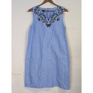Talbots Linen Blend Shift Dress 10 Petite Blue Butterfly Embroidery Preppy